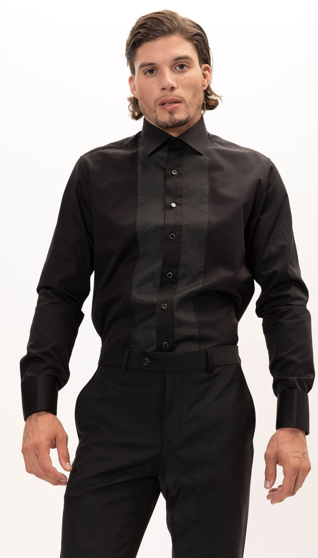 Lurex Paneled Spread Collar Tux Shirt - Black Black - Ron Tomson
