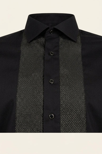 Lurex Paneled Spread Collar Tux Shirt - Black Black - Detail
