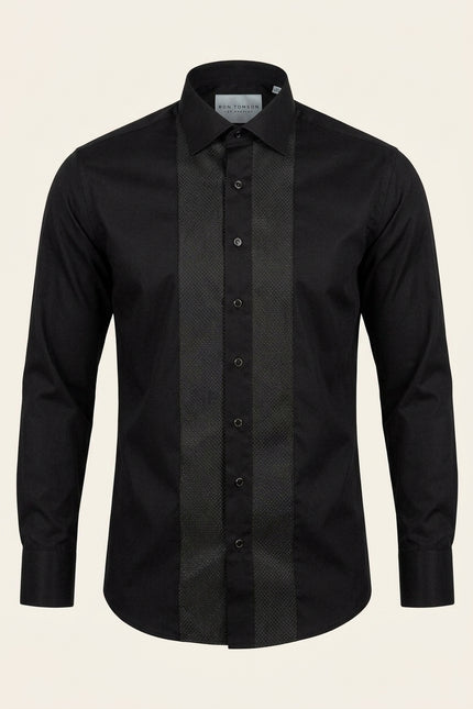 Lurex Paneled Spread Collar Tux Shirt - Black Black - Front