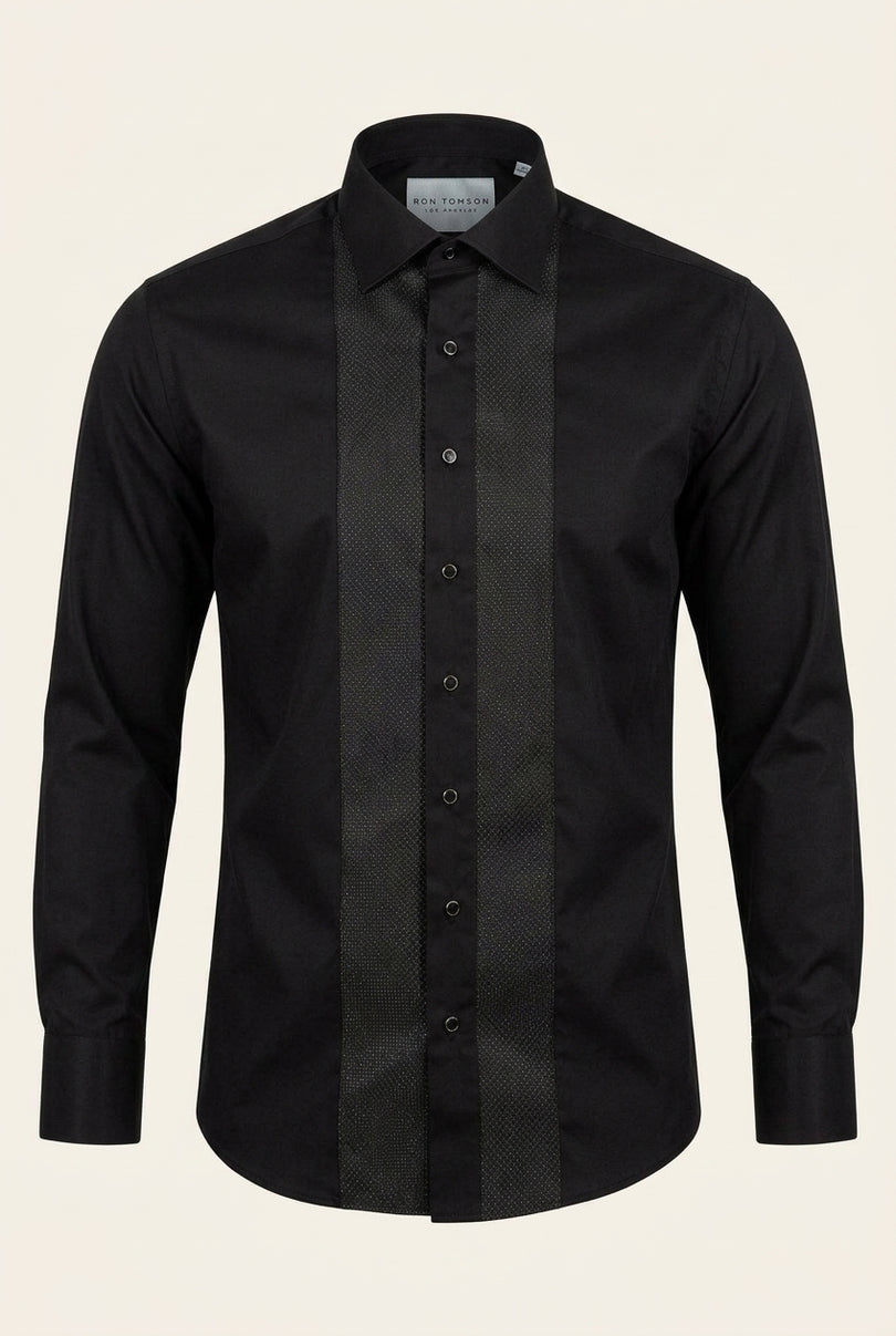 Lurex Paneled Spread Collar Tux Shirt - Black Black - Front