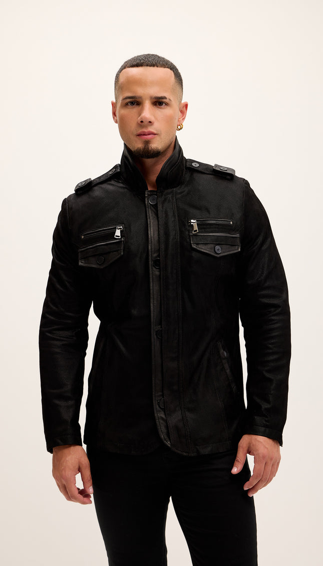 Lux Lambskin Epaulette Shoulder Stand Collar Jacket - Black - Ron Tomson