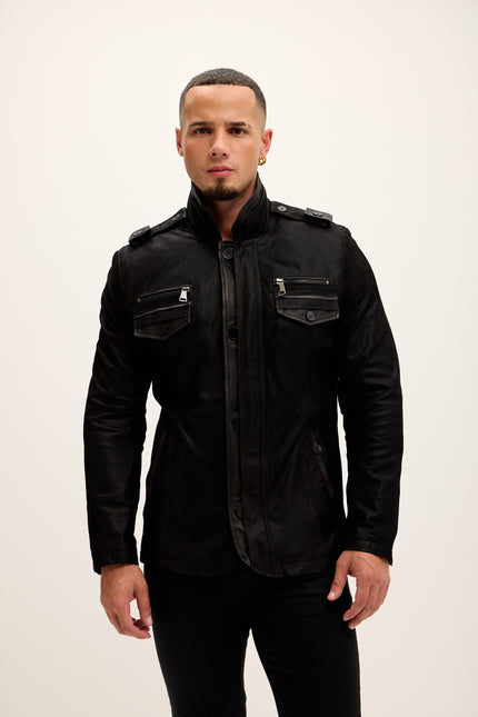 Men's Leather Epaulette Shoulder Stand Collar Jacket - Black Suede - Ron Tomson