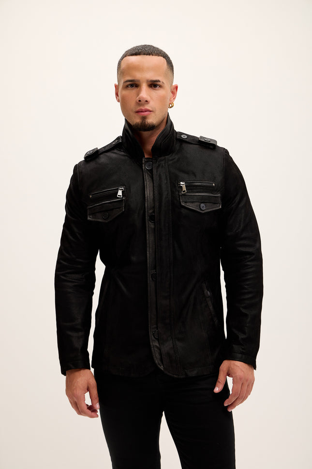 Men's Leather Epaulette Shoulder Stand Collar Jacket - Black Suede - Ron Tomson