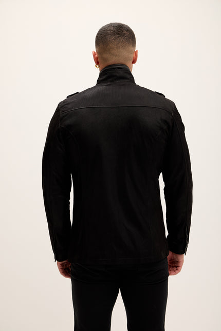 Men's Leather Epaulette Shoulder Stand Collar Jacket - Black Suede - Ron Tomson Leather