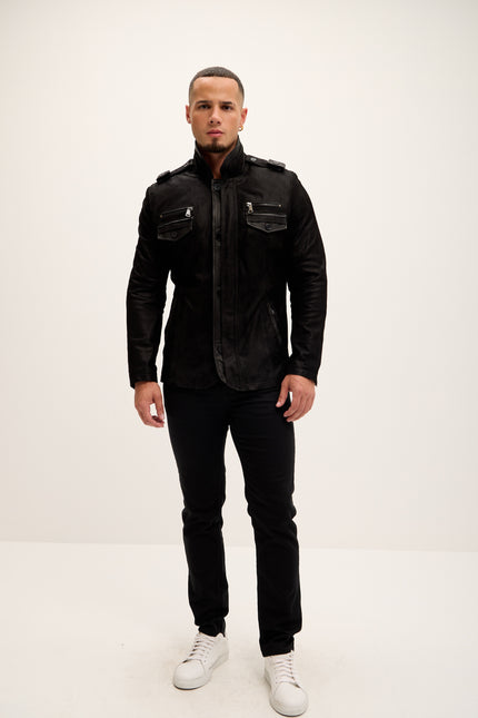 Men's Leather Epaulette Shoulder Stand Collar Jacket - Black Suede - Ron Tomson Leather