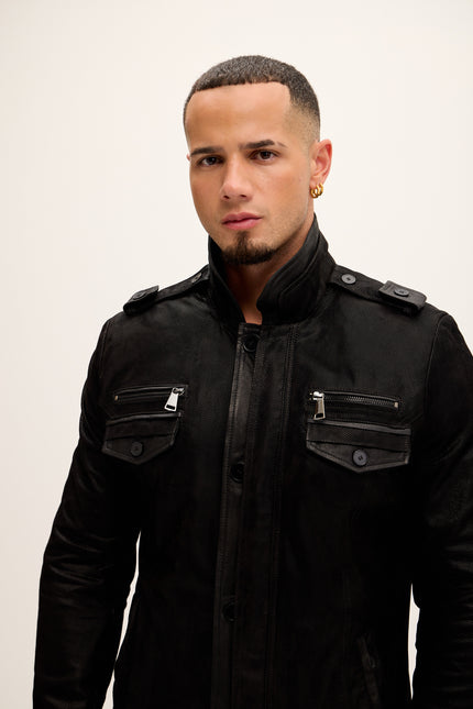 Men's Leather Epaulette Shoulder Stand Collar Jacket - Black Suede - Ron Tomson Leather