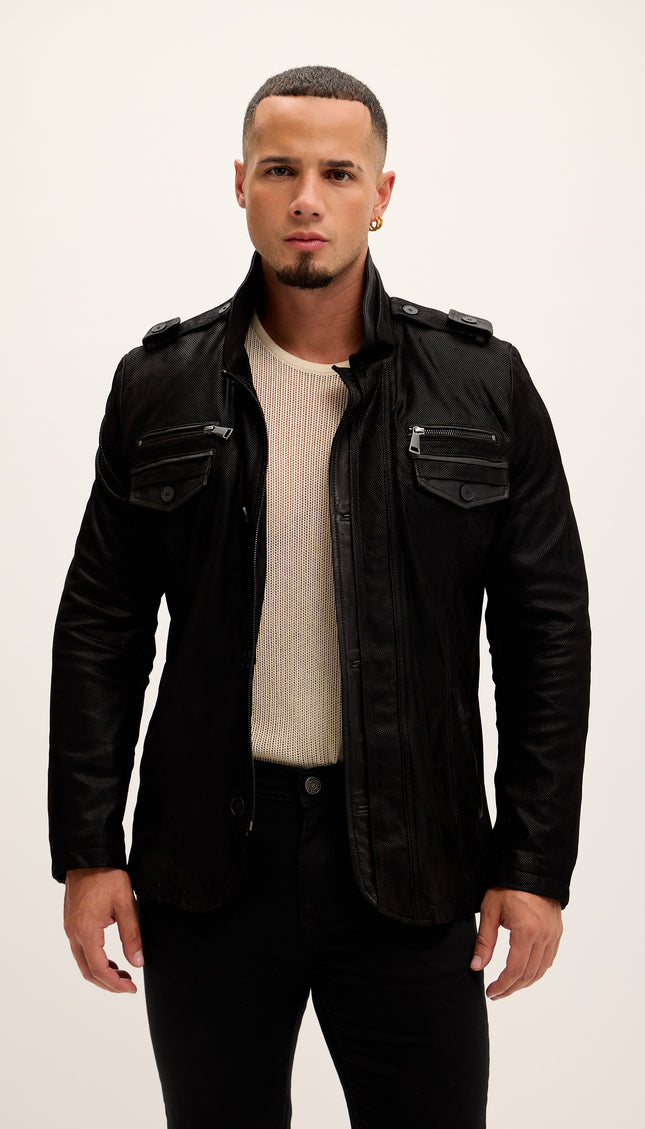 Lux Lambskin Epaulette Shoulder Stand Collar Jacket - Black - Ron Tomson