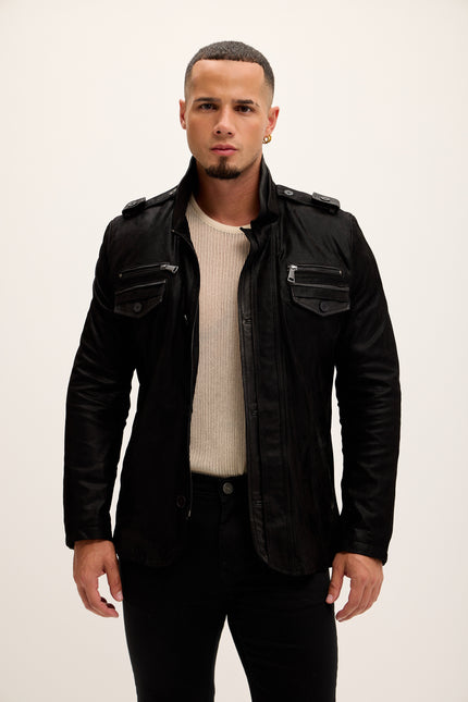 Men's Leather Epaulette Shoulder Stand Collar Jacket - Black Suede - Ron Tomson Leather