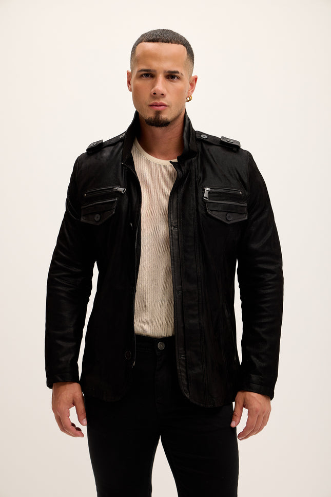 Men's Leather Epaulette Shoulder Stand Collar Jacket - Black Suede - Ron Tomson Leather