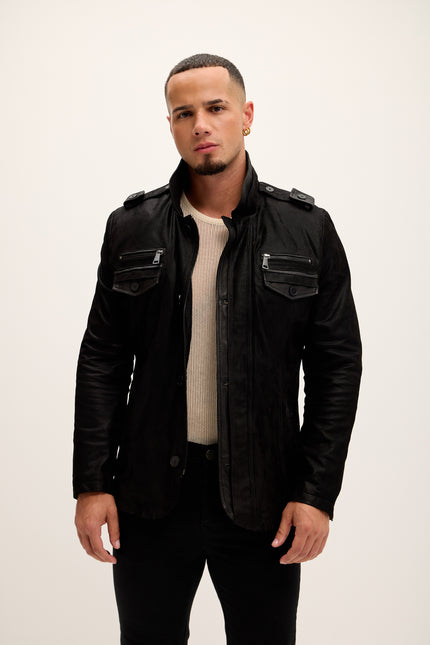 Men's Leather Epaulette Shoulder Stand Collar Jacket - Black Suede - Ron Tomson Leather