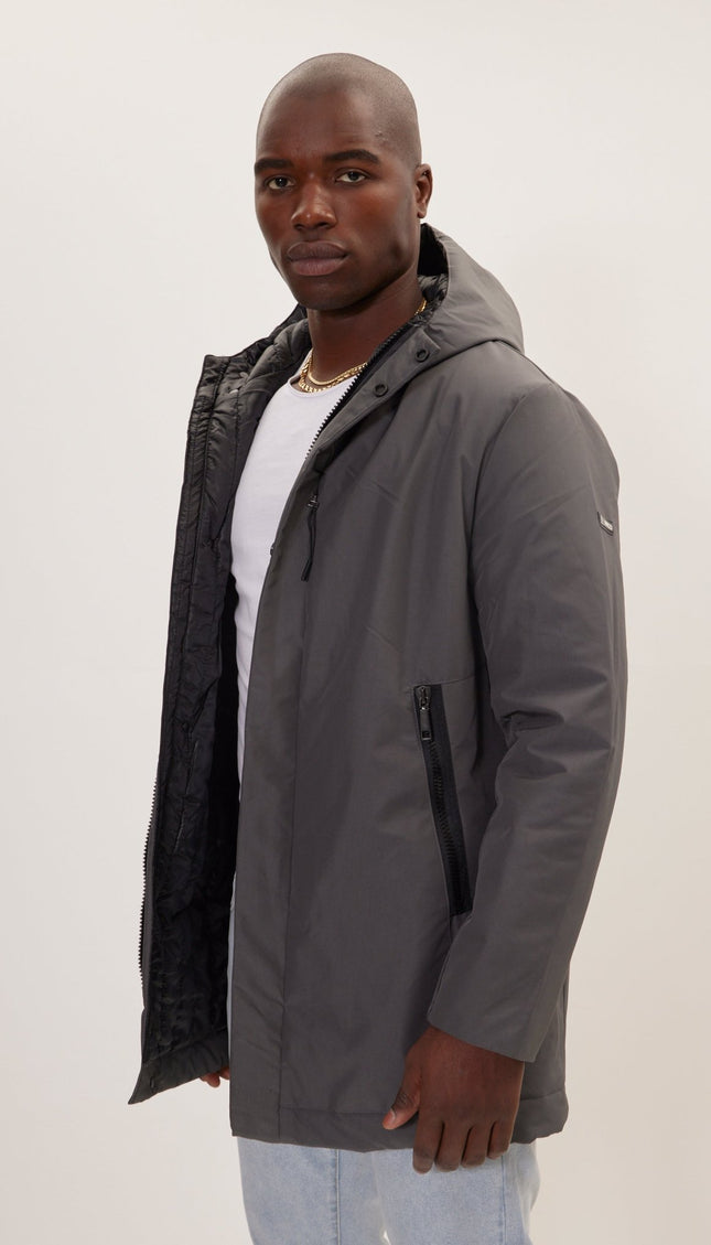 Magnet And Zipper Closer Padded Coat - Dark Anthracite - Ron Tomson