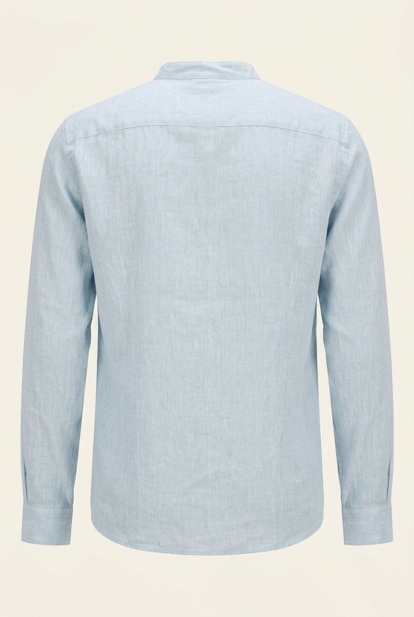Mandarin Collar Linen Shirt - Blue - Back