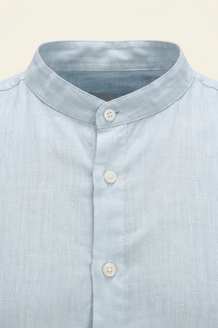 Mandarin Collar Linen Shirt - Blue - Detail