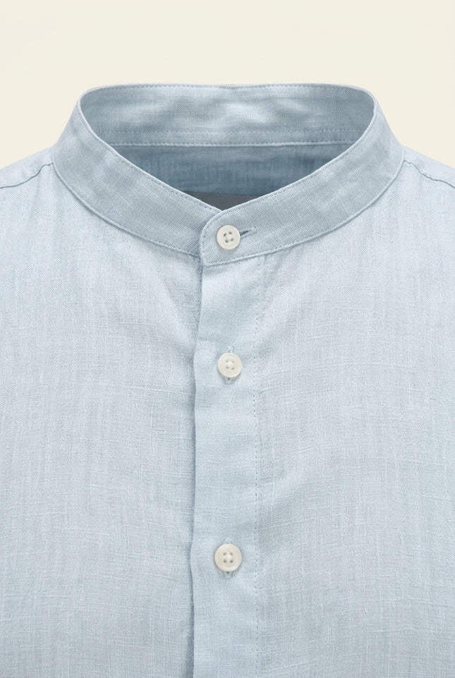 Mandarin Collar Linen Shirt - Blue - Detail