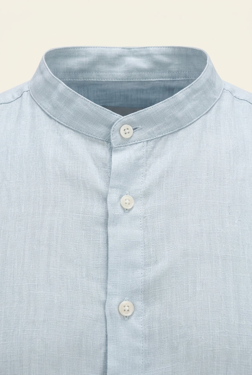 Mandarin Collar Linen Shirt - Blue - Detail