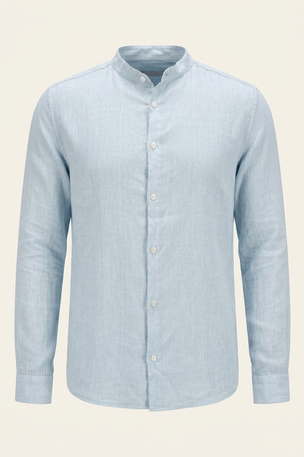 Mandarin Collar Linen Shirt - Blue - Front