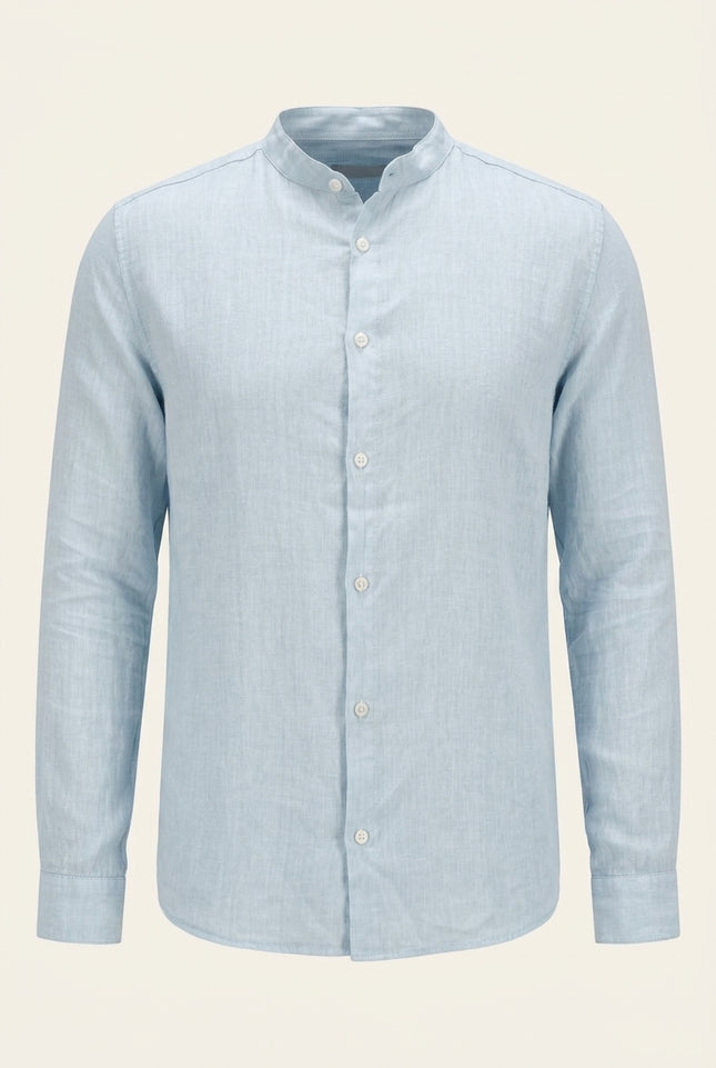 Mandarin Collar Linen Shirt - Blue - Front