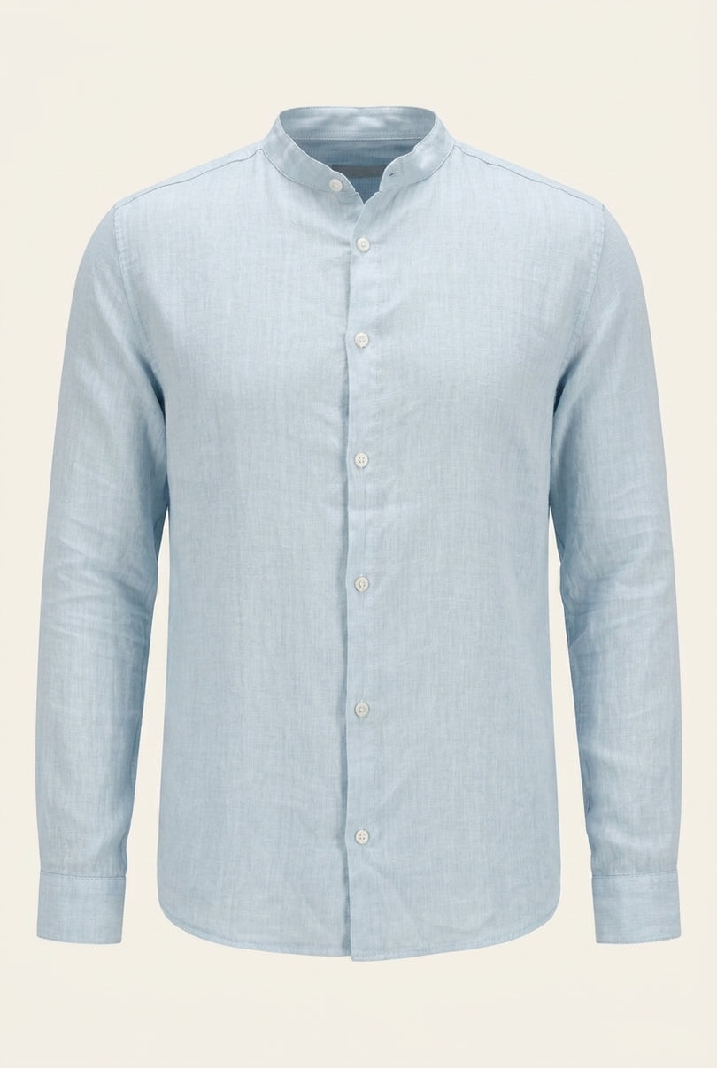 Mandarin Collar Linen Shirt - Blue - Front