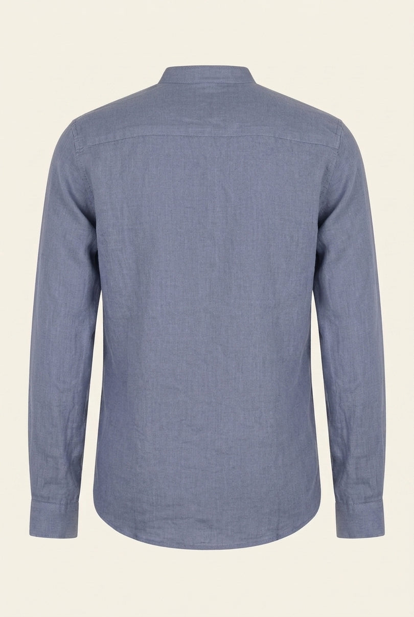 Mandarin Collar Linen Shirt - Dusty Blue - Back