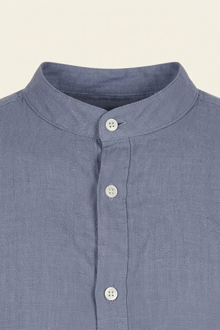 Mandarin Collar Linen Shirt - Dusty Blue - Detail