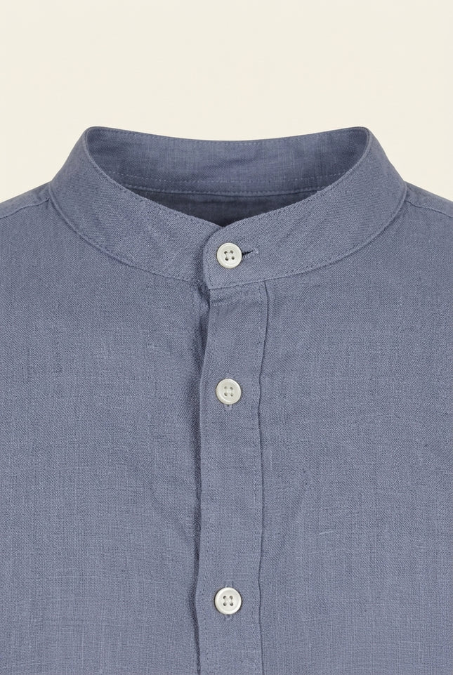 Mandarin Collar Linen Shirt - Dusty Blue - Detail