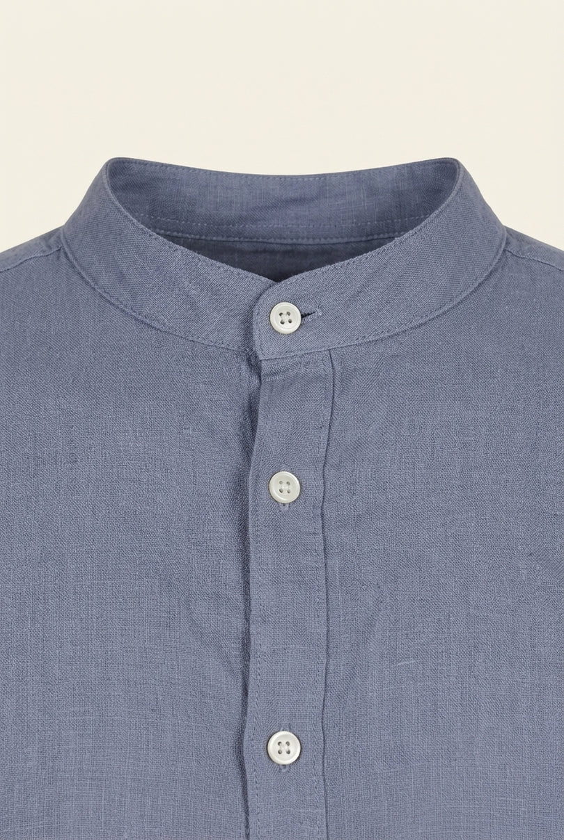 Mandarin Collar Linen Shirt - Dusty Blue - Detail