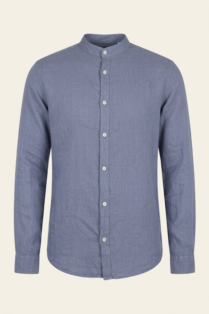 Mandarin Collar Linen Shirt - Dusty Blue - Front