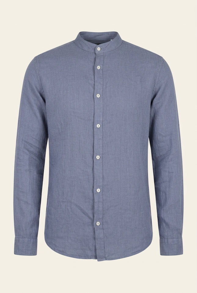 Mandarin Collar Linen Shirt - Dusty Blue - Front