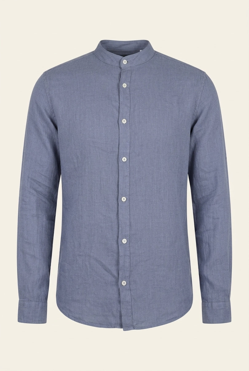 Mandarin Collar Linen Shirt - Dusty Blue - Front