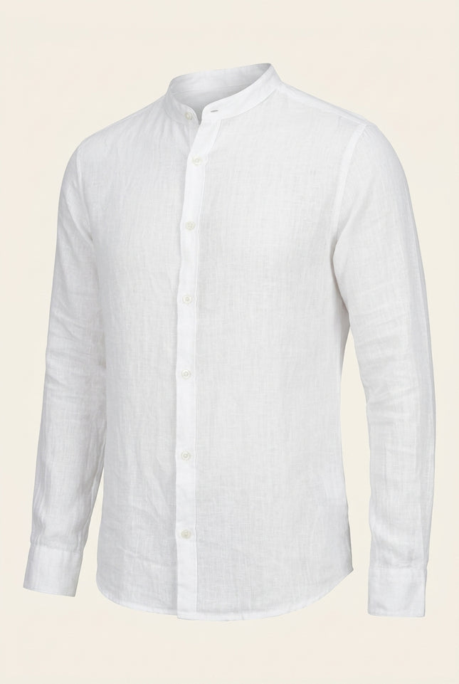 Mandarin Collar Linen Shirt - White - Front
