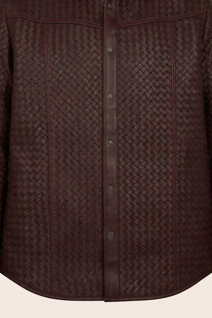 Men's Woven Leather Shirt - Wine - Detail