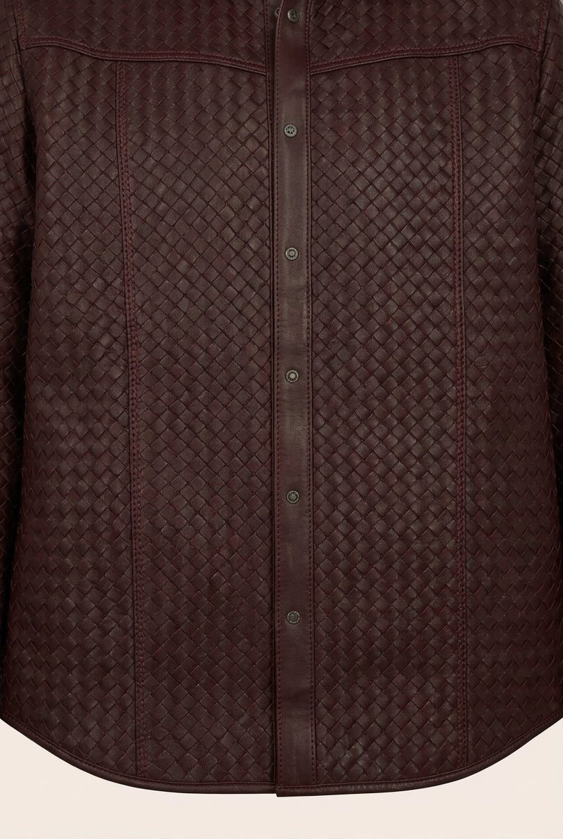Men's Woven Leather Shirt - Wine - Detail