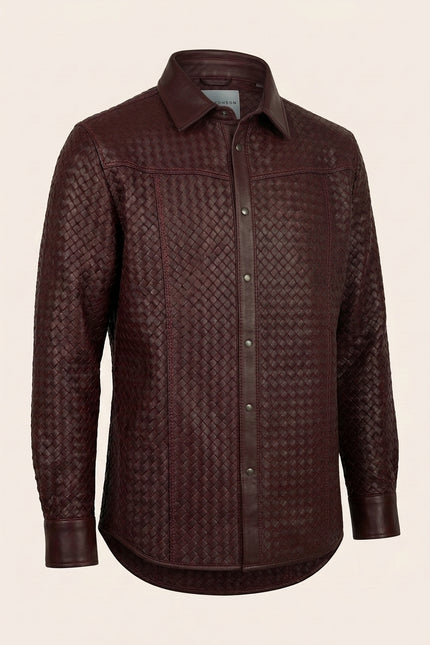 Men's Woven Leather Shirt - Wine - Front (Alt)