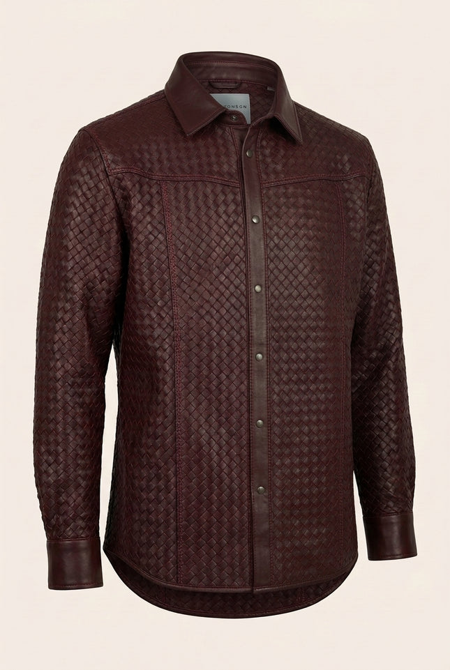 Men's Woven Leather Shirt - Wine - Front (Alt)