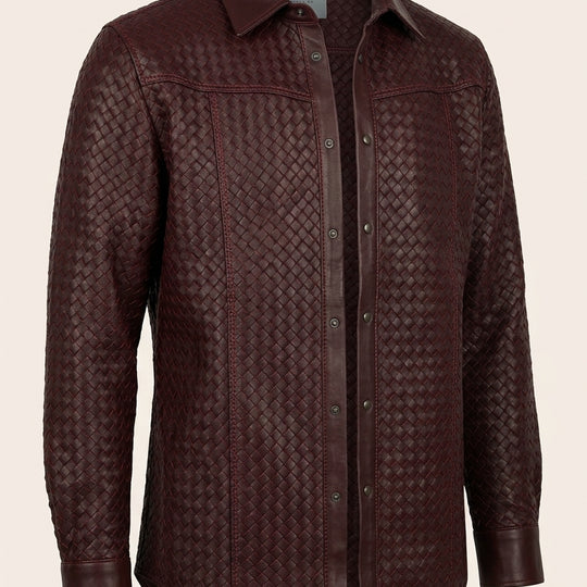 Men's Woven Leather Shirt - Wine - Front