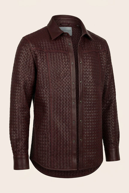 Men's Woven Leather Shirt - Wine - Front