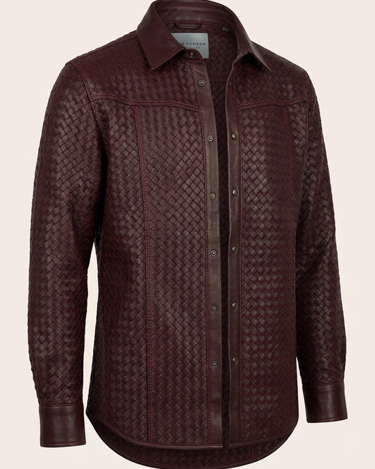 Men's Woven Leather Shirt - Wine - Front