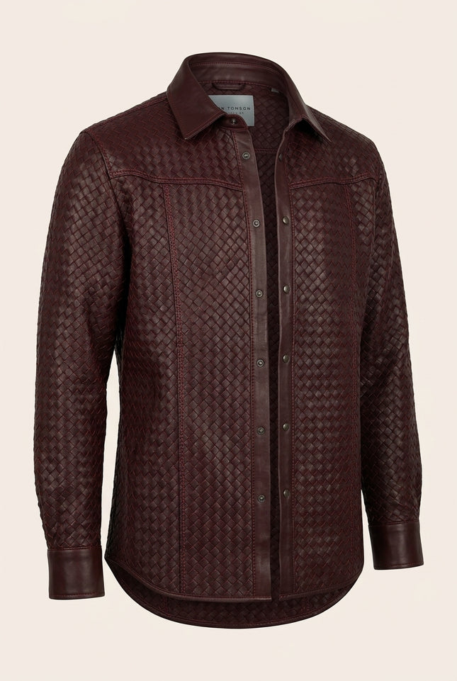 Men's Woven Leather Shirt - Wine - Front