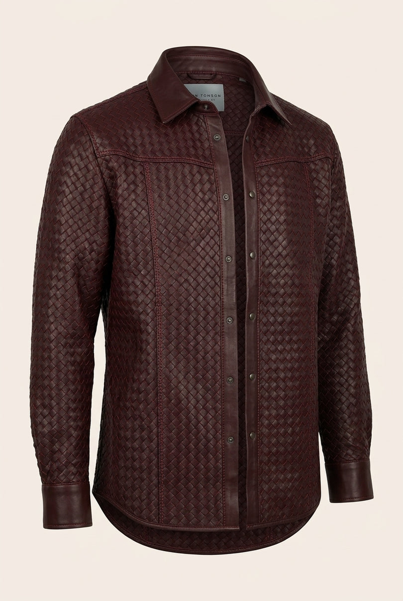 Men's Woven Leather Shirt - Wine - Front