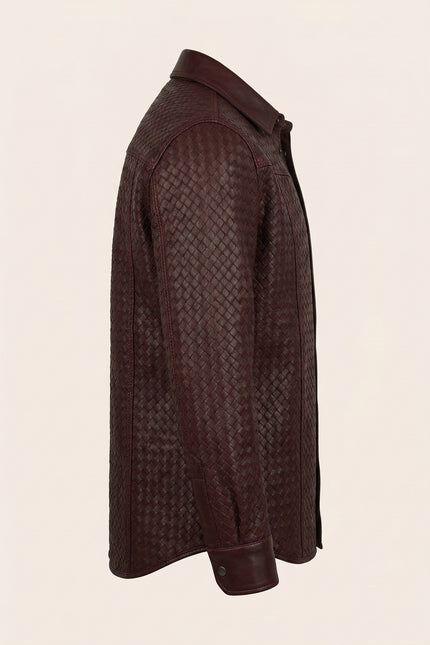 Men's Woven Leather Shirt - Wine - Side