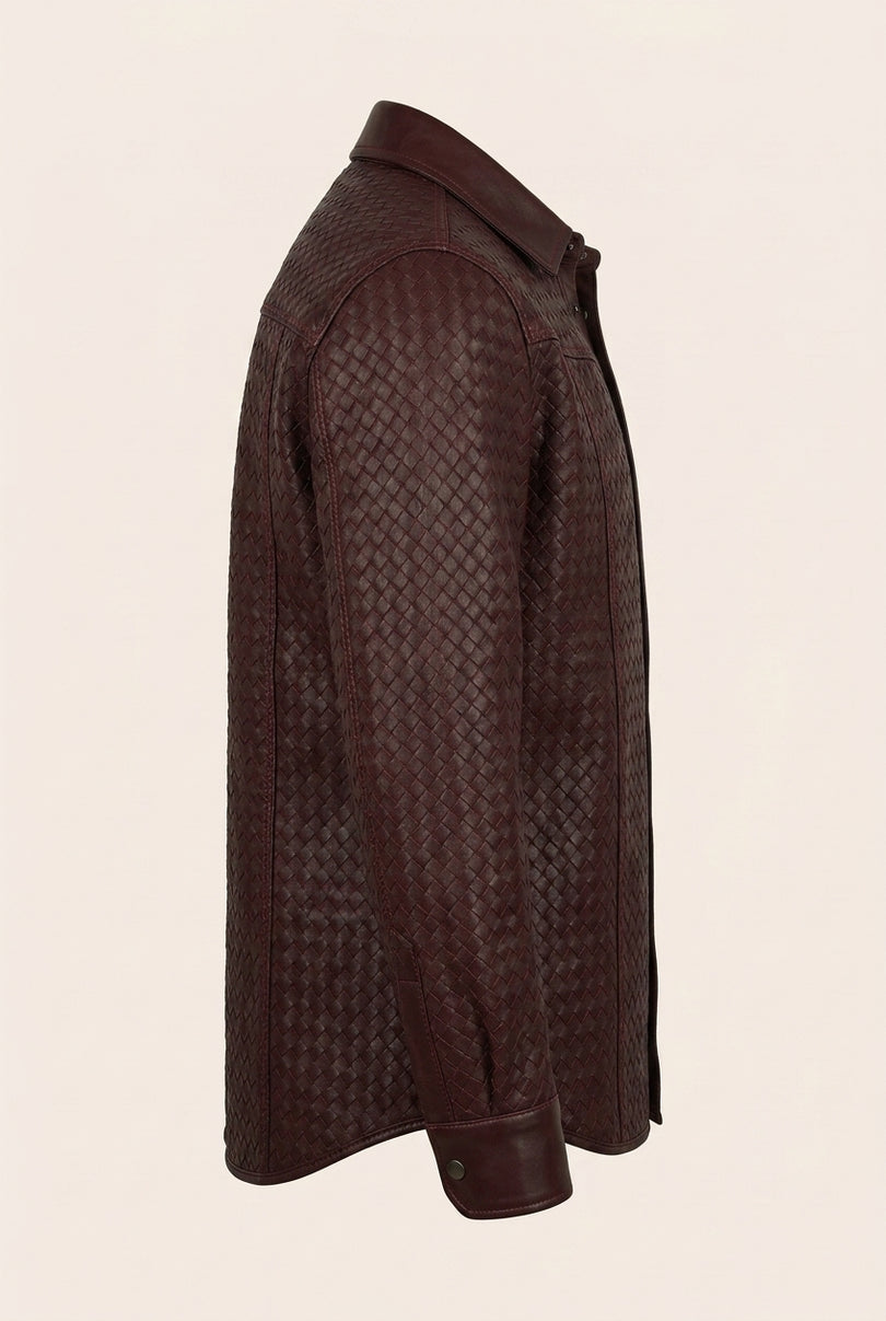 Men's Woven Leather Shirt - Wine - Side