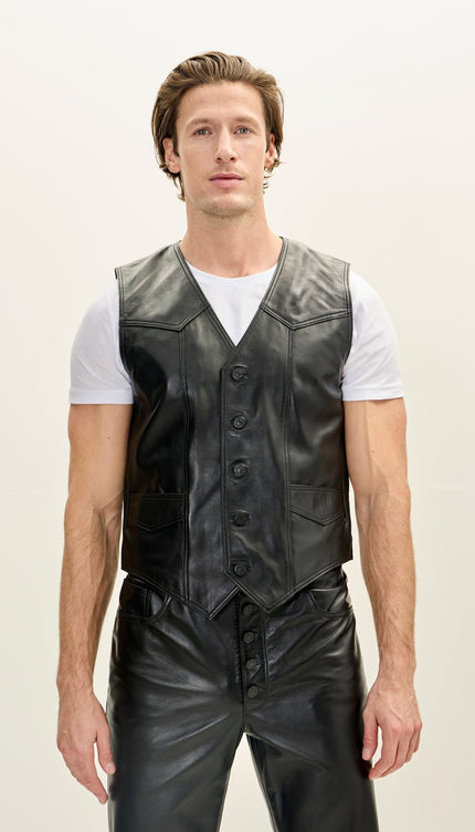 Men's Classic Club Style Leather Vest - Black - Ron Tomson