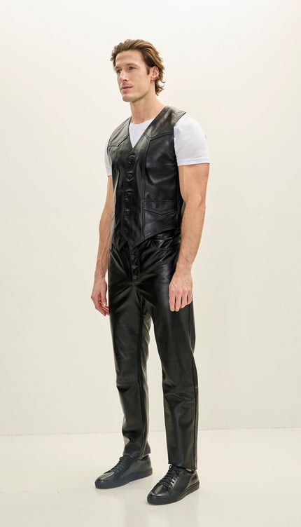 Men's Classic Club Style Leather Vest - Black - Ron Tomson