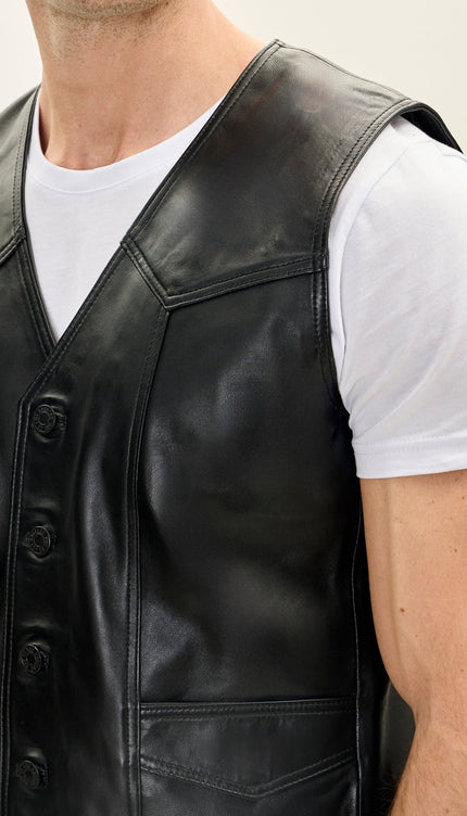 Men's Classic Club Style Leather Vest - Black - Ron Tomson