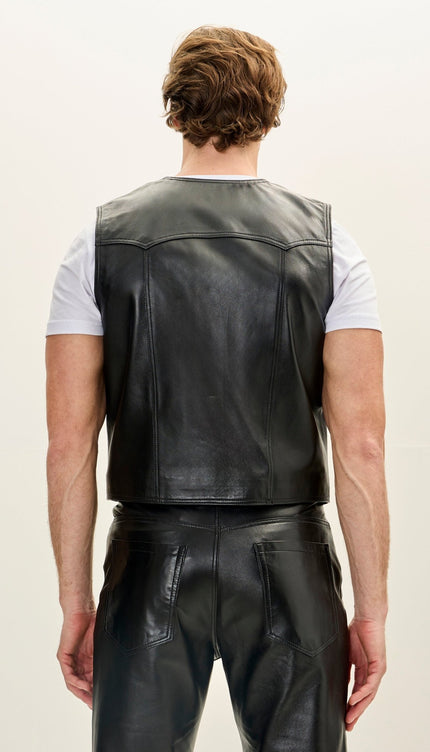 Men's Classic Club Style Leather Vest - Black - Ron Tomson