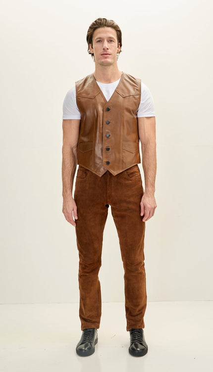 Men's Classic Club Style Leather Vest - Brown - Ron Tomson