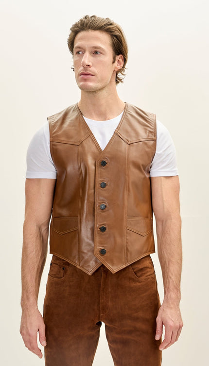 Men's Classic Club Style Leather Vest - Brown - Ron Tomson