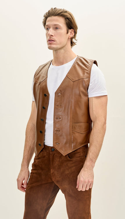 Men's Classic Club Style Leather Vest - Brown - Ron Tomson