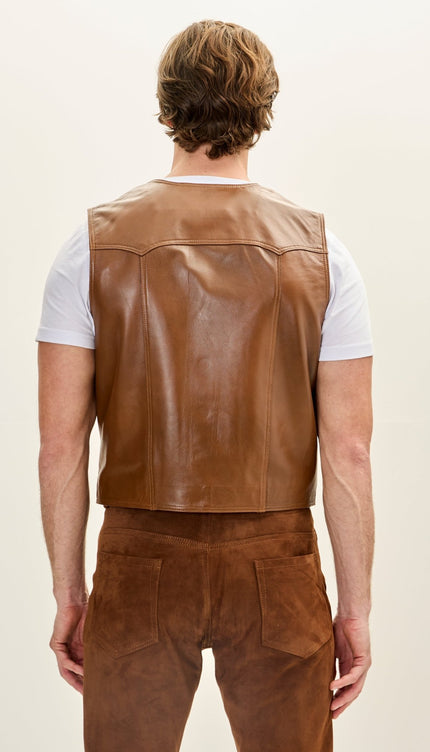 Men's Classic Club Style Leather Vest - Brown - Ron Tomson