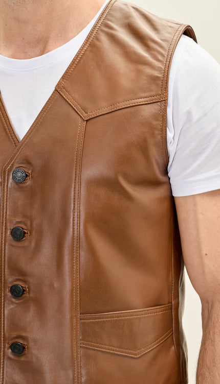 Men's Classic Club Style Leather Vest - Brown - Ron Tomson